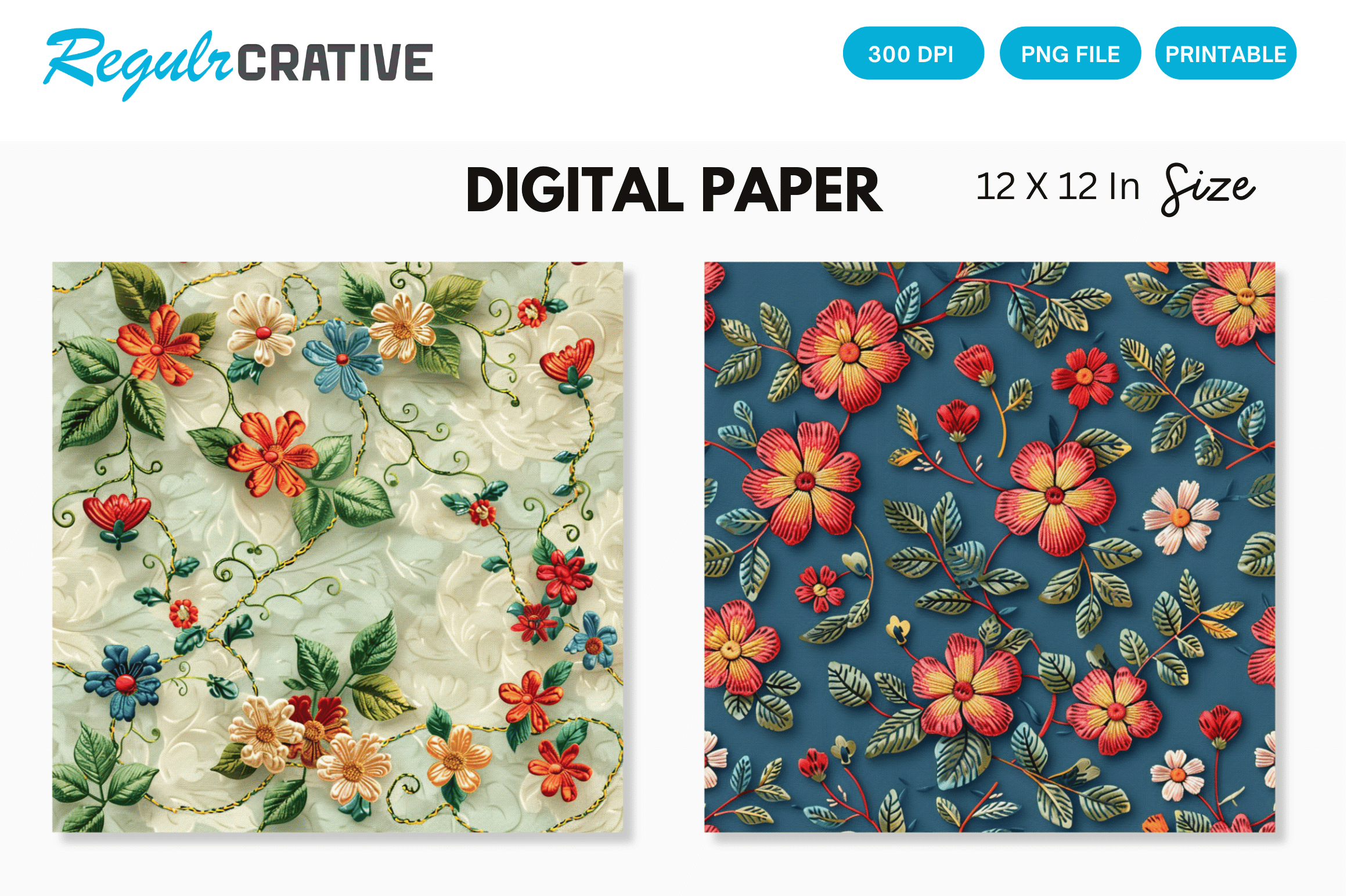 Floral Embroidery Digital Paper Pack Graphic by Regulrcrative ...
