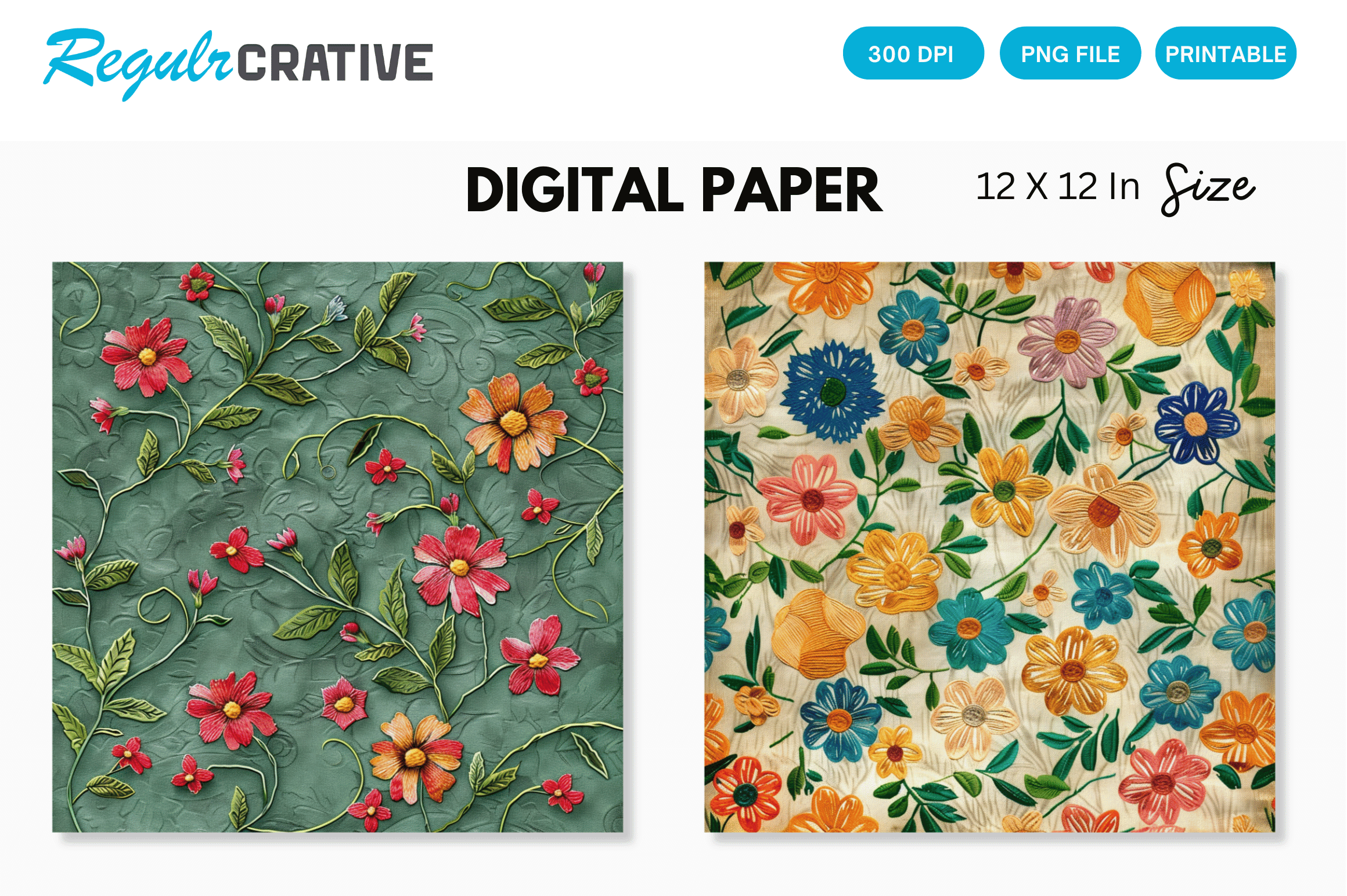 Floral Embroidery Digital Paper Pack Graphic by Regulrcrative ...