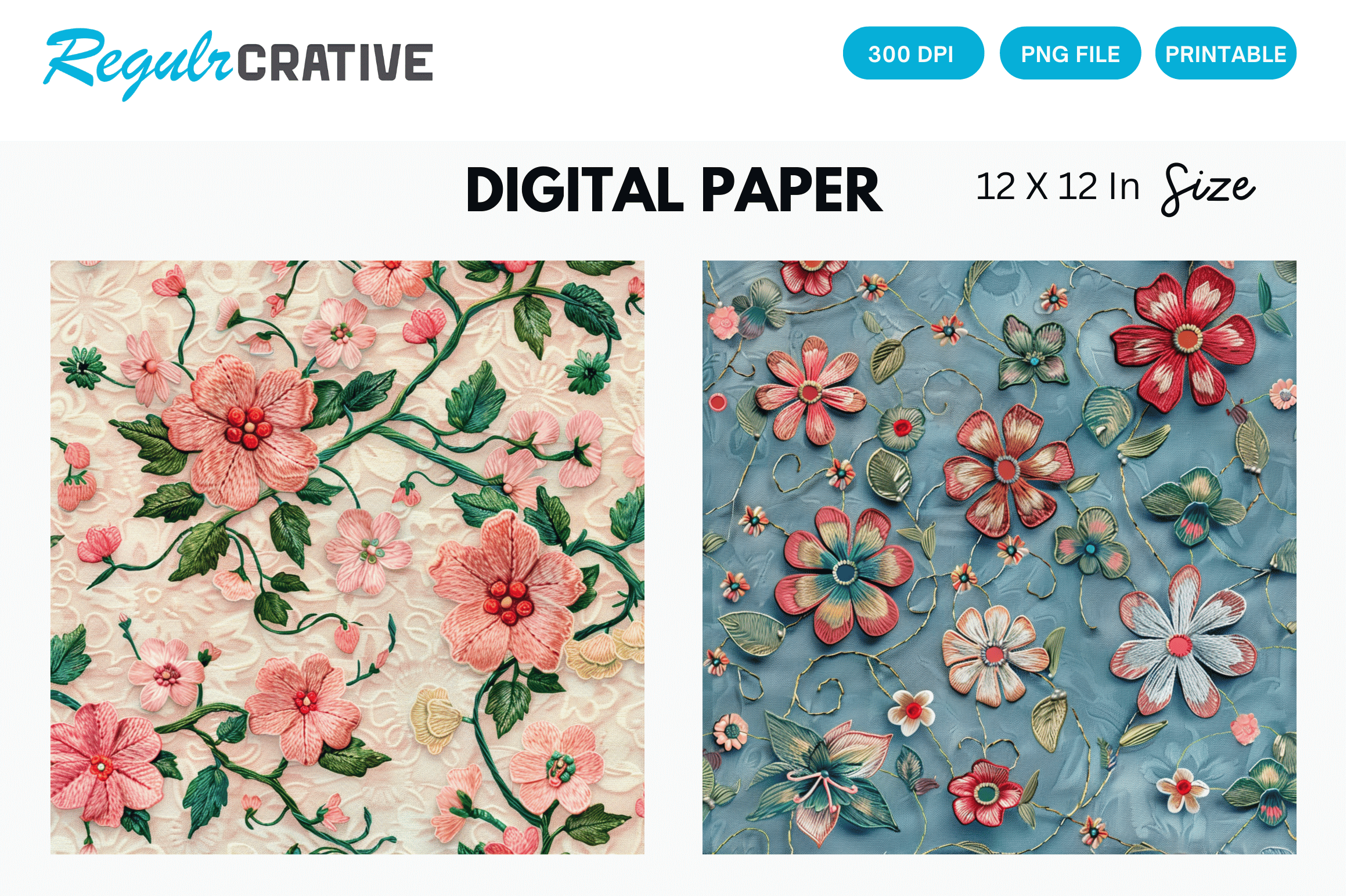 Floral Embroidery Digital Paper Pack Graphic by Regulrcrative ...