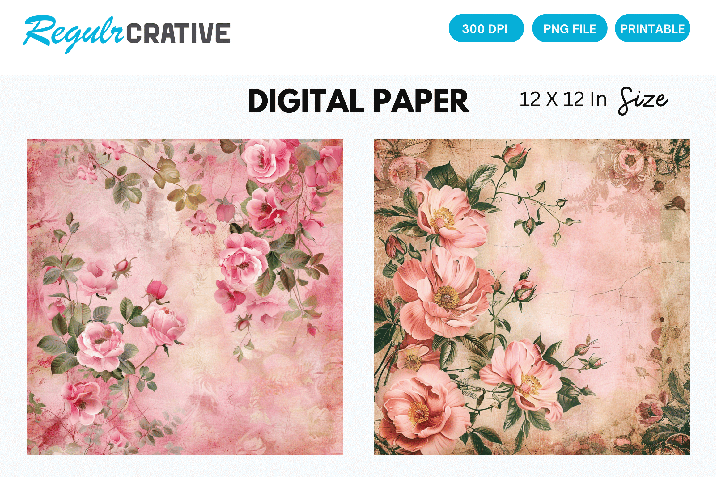 Vintage Pink Floral Digital Paper Graphic by Regulrcrative · Creative ...