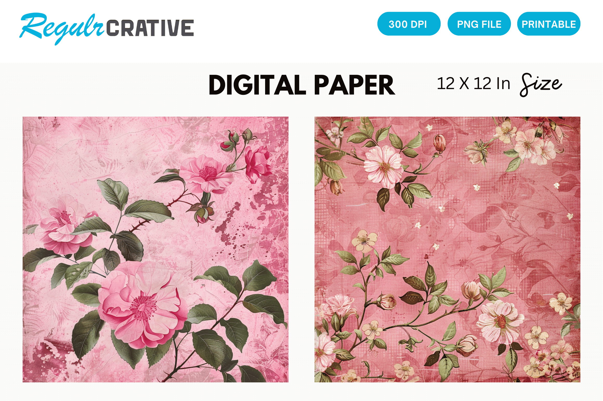 Vintage Pink Floral Digital Paper Graphic by Regulrcrative · Creative ...