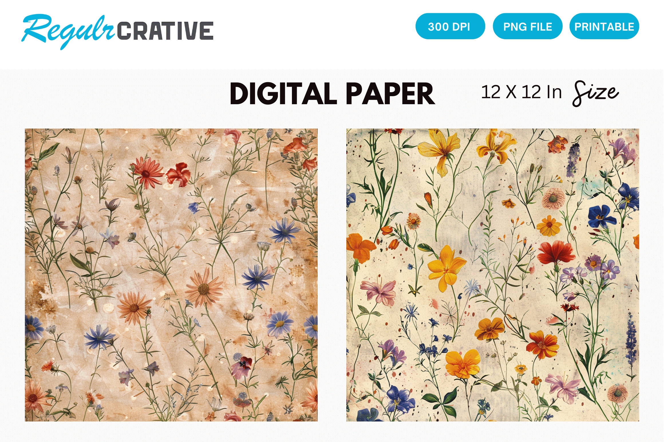 Vintage Wildflower Digital Paper Graphic by Regulrcrative · Creative ...