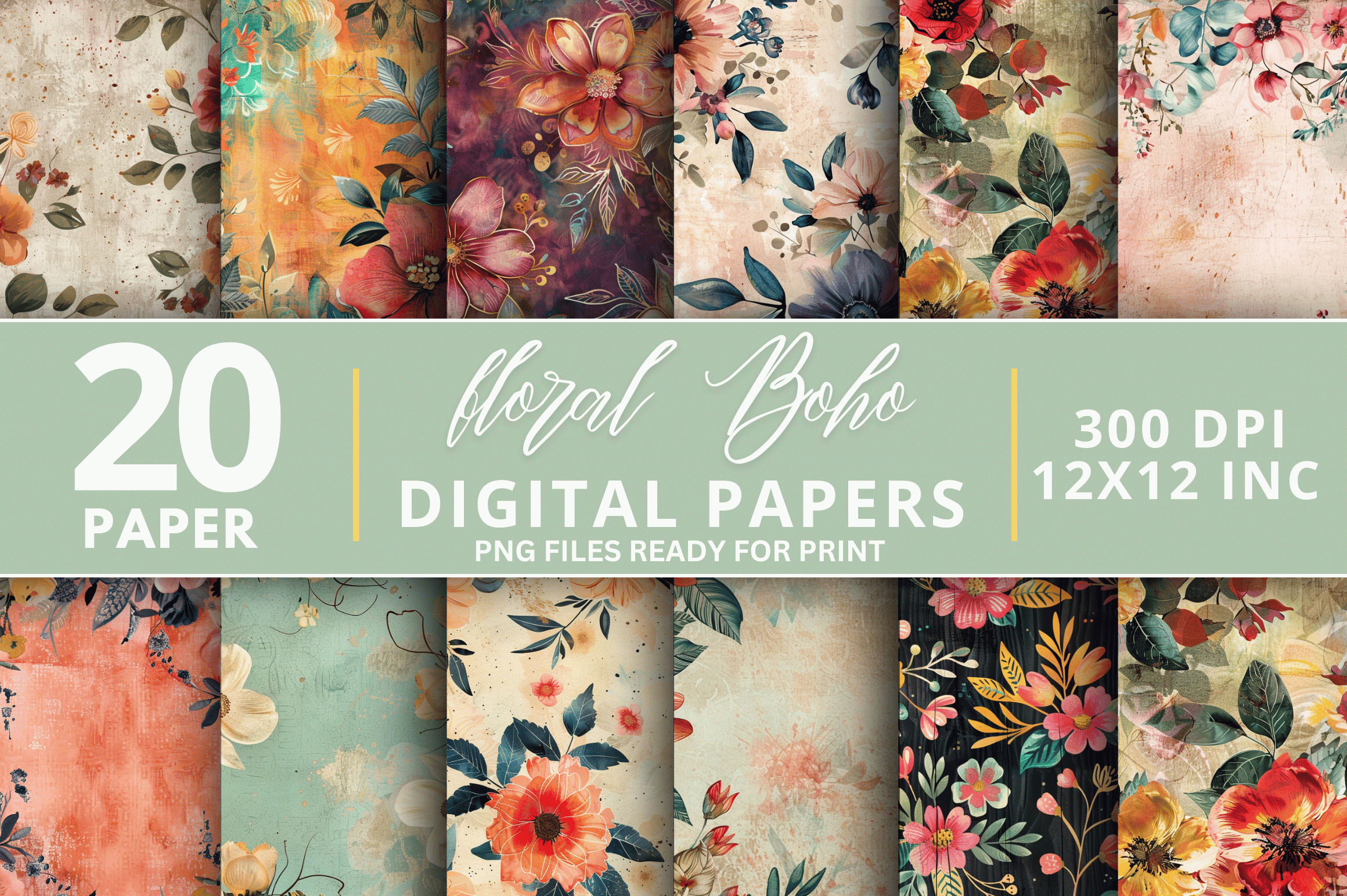 Floral Boho Digital Papers Bundle Graphic by Regulrcrative · Creative ...