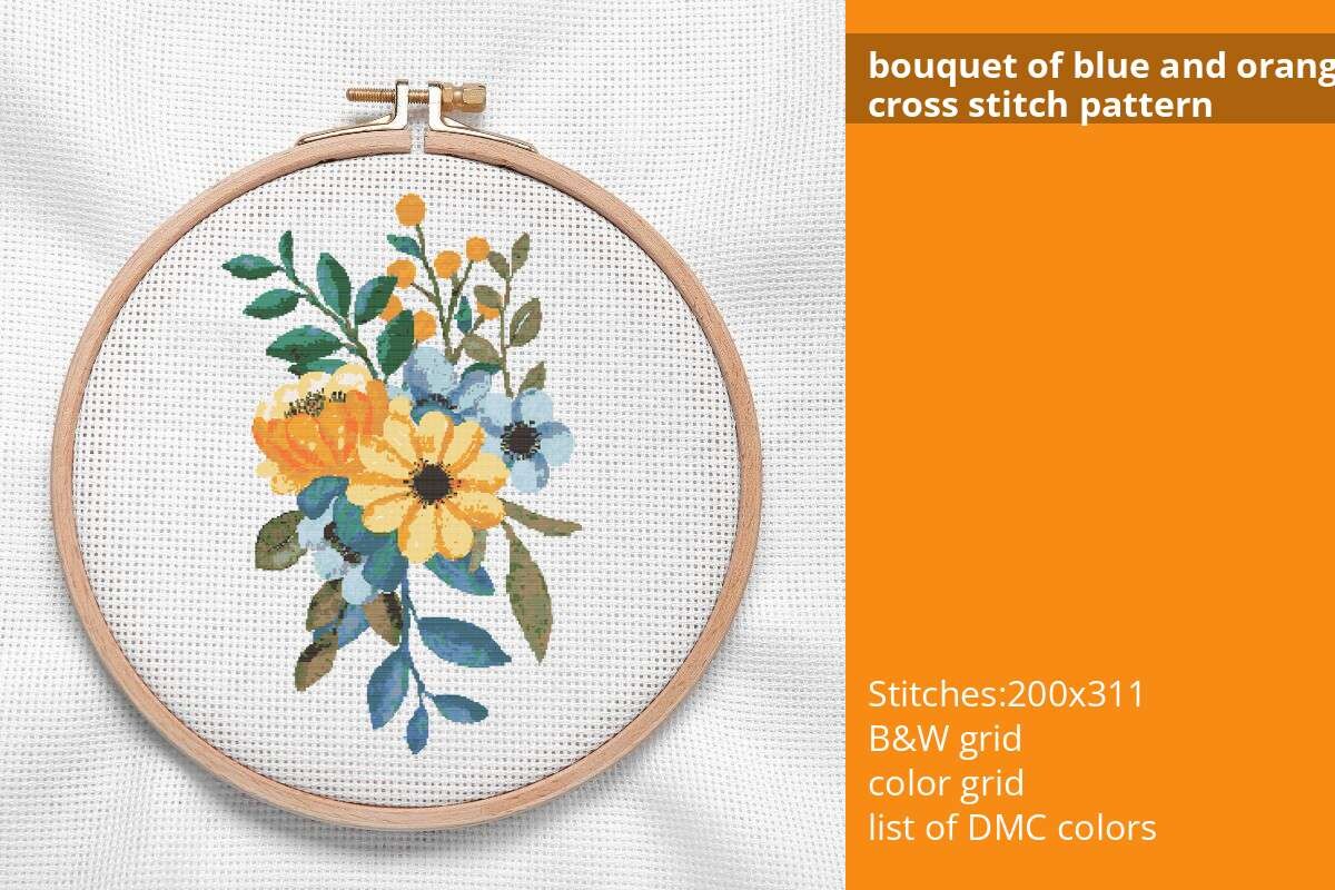 Blue and Orange Flowers Cross Stitch