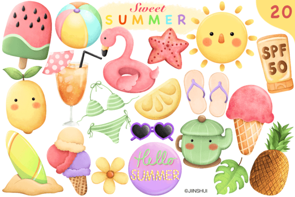 beach seasonal summer clipart bundle with ocean and sand elements, classic summer png graphics
