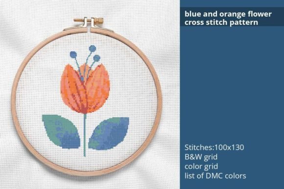 Blue and Orange Flower Cross Stitch