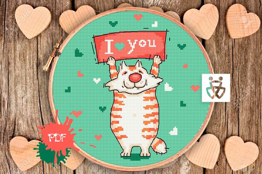 Cat I Love You Cross Stitch Pattern PDF