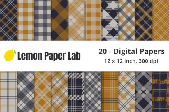 Navy Blue, Ochre and Beige Plaid Pattern