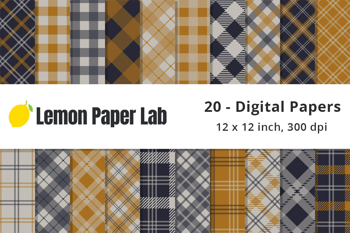 Navy Blue, Ochre and Beige Plaid Pattern