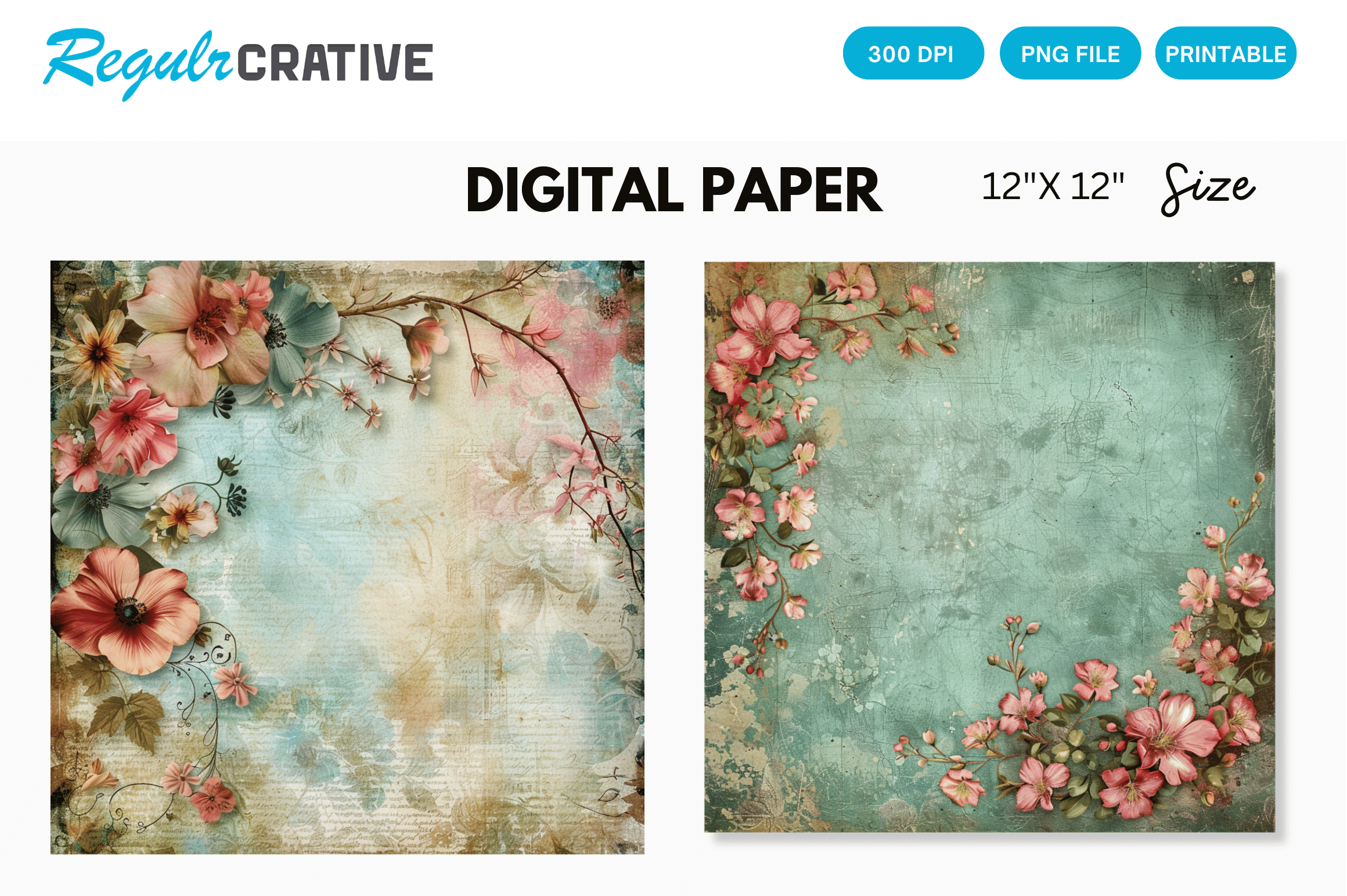 Printable Vintage Floral Digital Paper Graphic by Regulrcrative ...