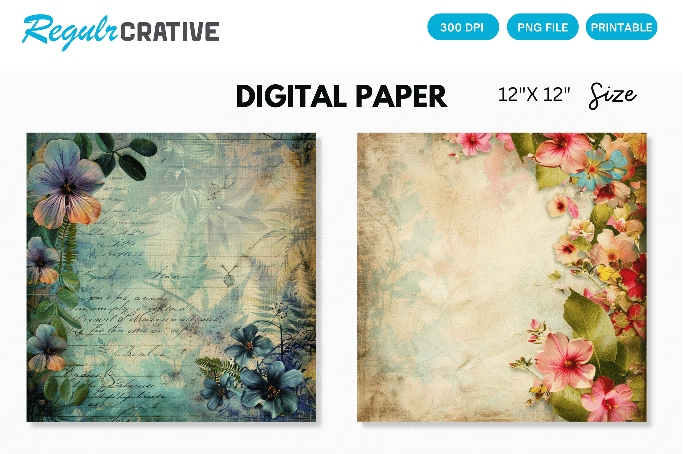 Printable Vintage Floral Digital Paper Graphic by Regulrcrative ...