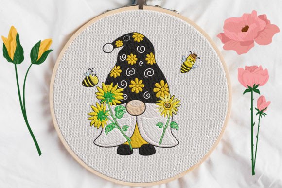 Gnome Sunflower with Bee Floral & Garden Embroidery Design By wick john