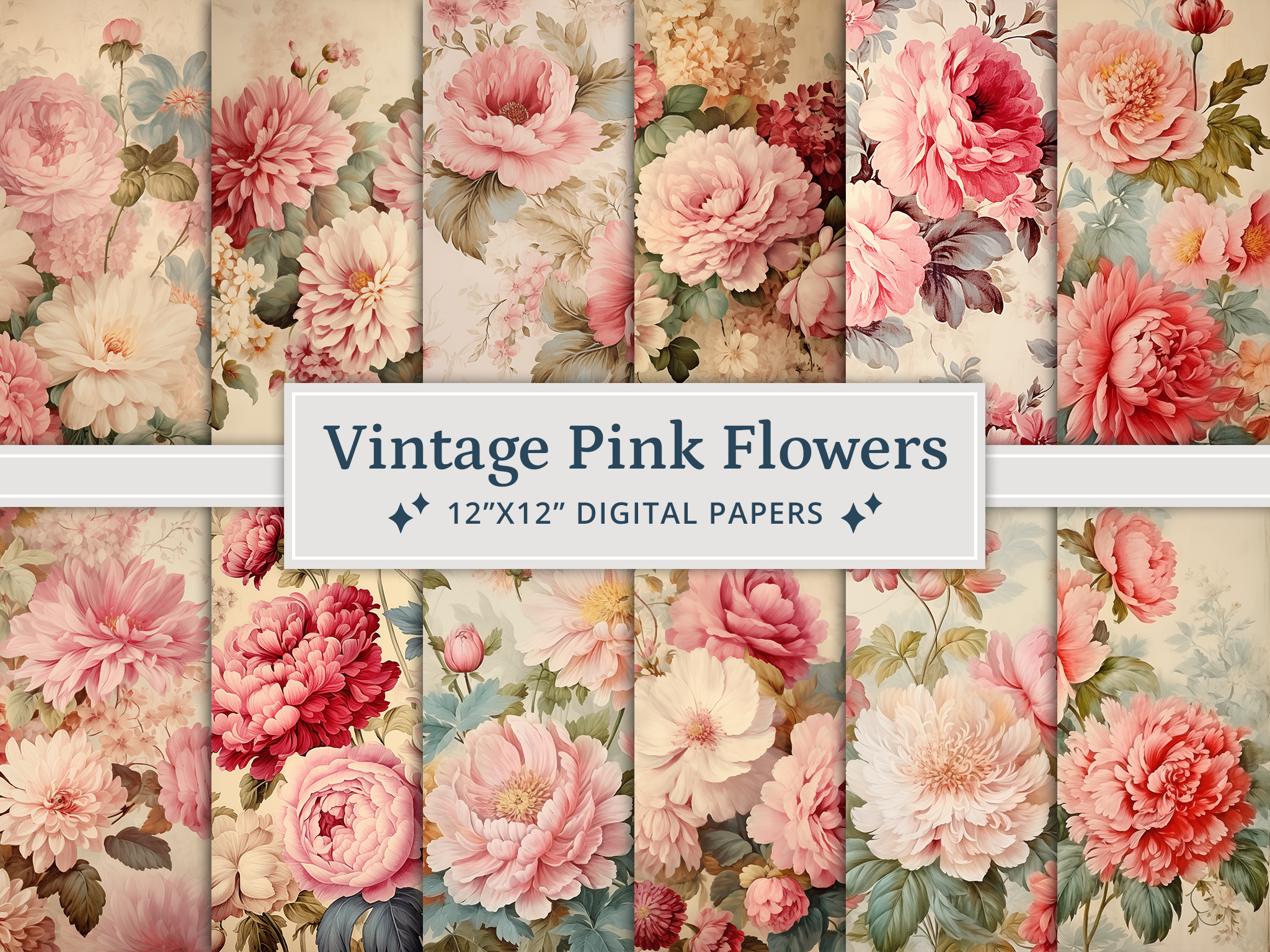 Vintage Pink Flowers Digital Papers Graphic by altendi · Creative Fabrica