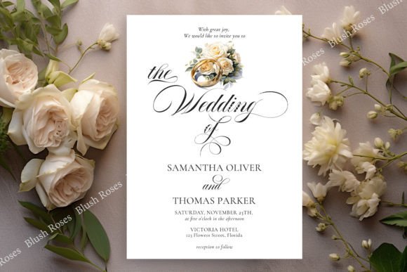 Calligraphy Golden Rings and Roses Invit