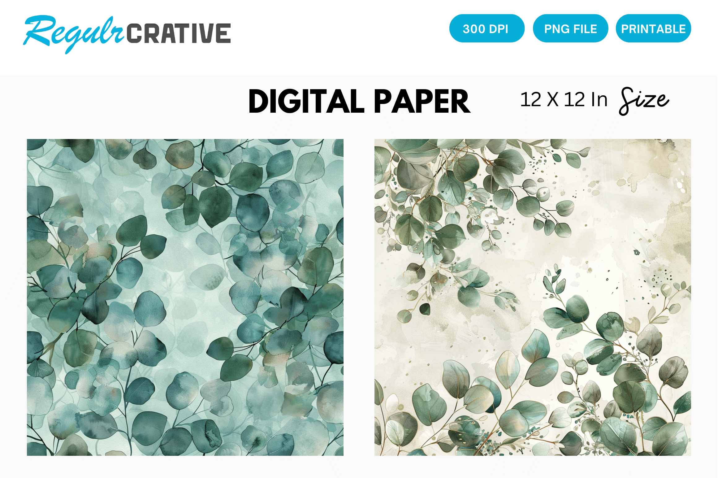 Eucalyptus Watercolor Digital Paper Graphic by Regulrcrative · Creative ...