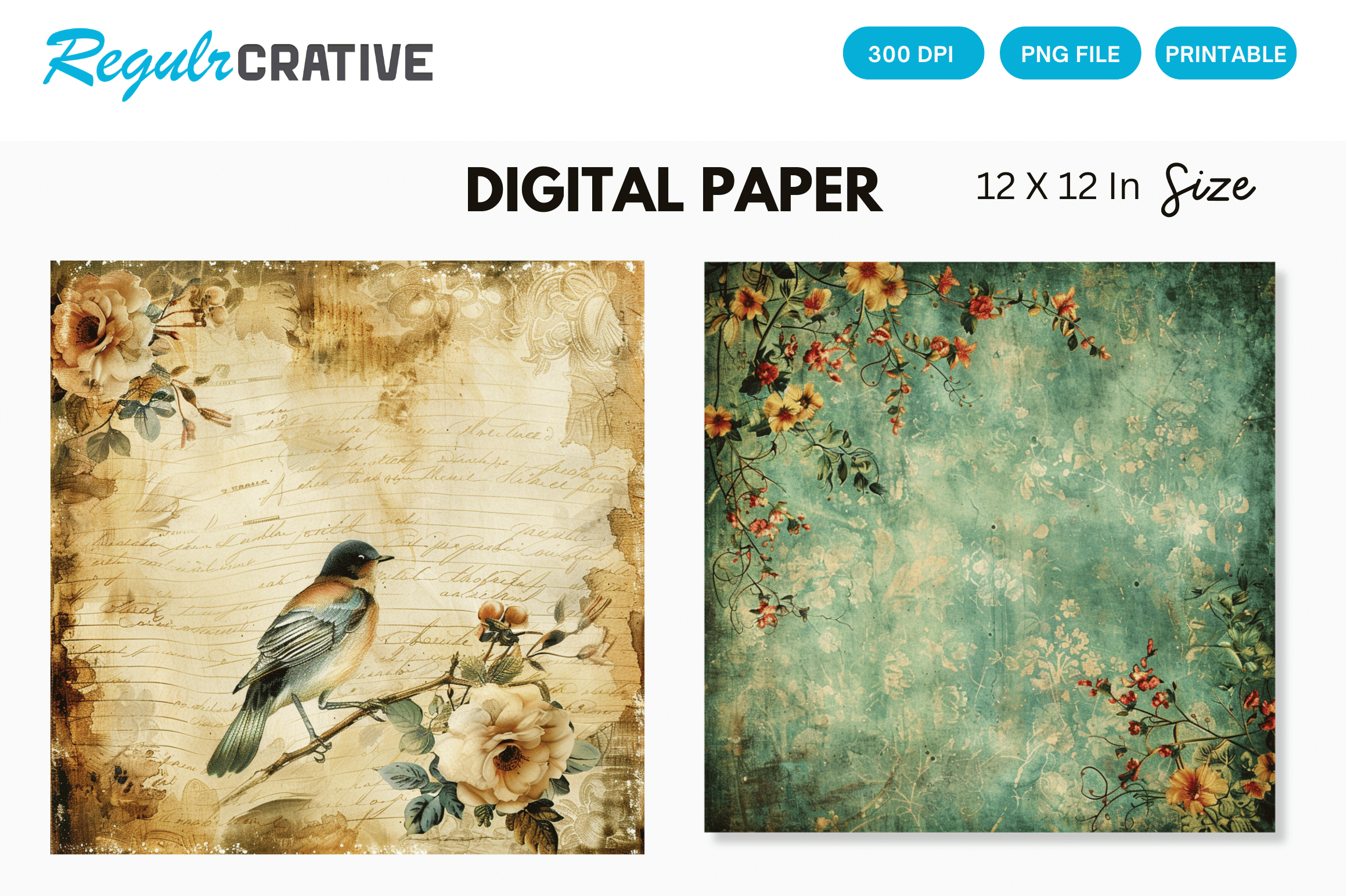 Vintage Floral Digital Paper Graphic by Regulrcrative · Creative Fabrica