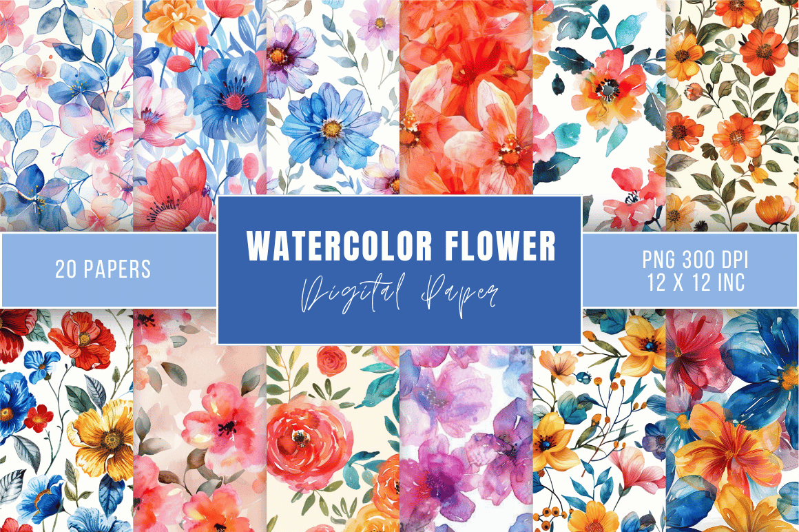 Watercolor Flower Digital Paper Bundle Graphic by Regulrcrative ...