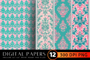 Pink & Teal Damask Digital Paper Graphic by CraftyCakes · Creative Fabrica