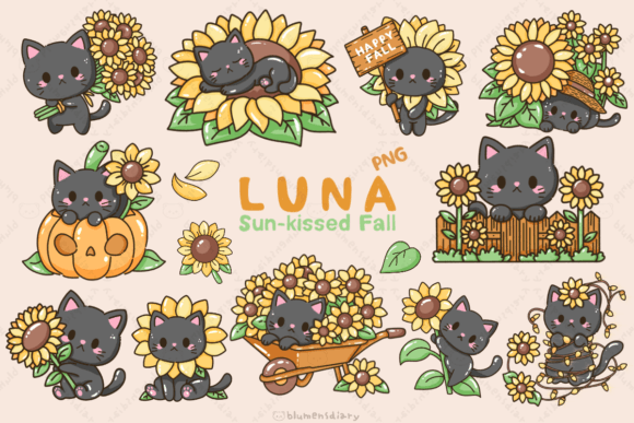 Kawaii Black Cat Luna Sunflower Fall