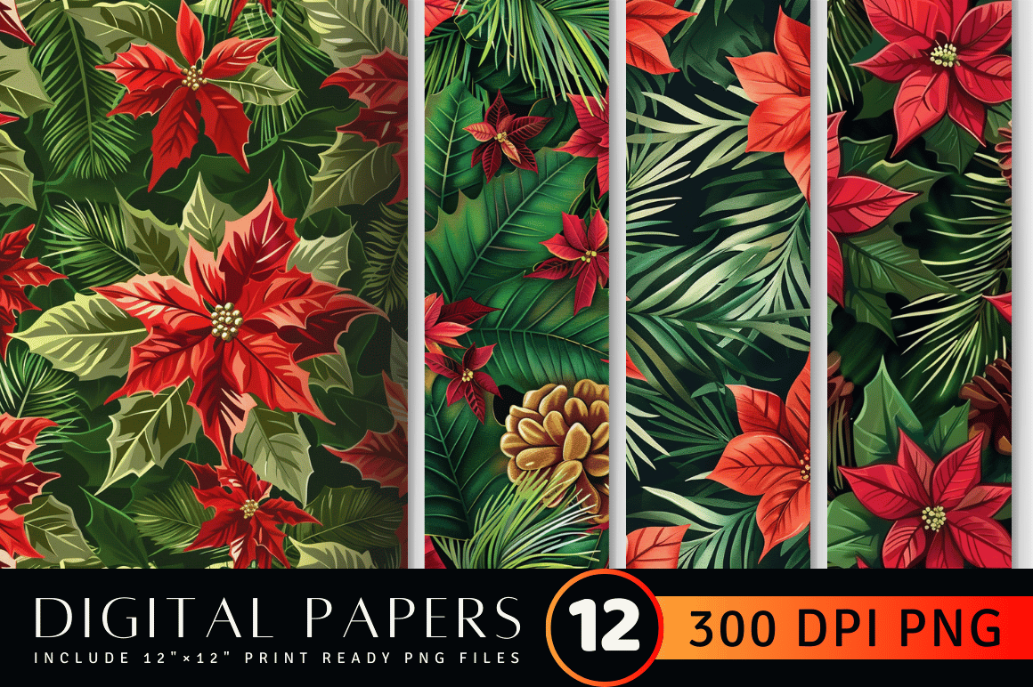 Poinsettia Pine Leaves Digital Paper Graphic by CraftyCakes · Creative ...