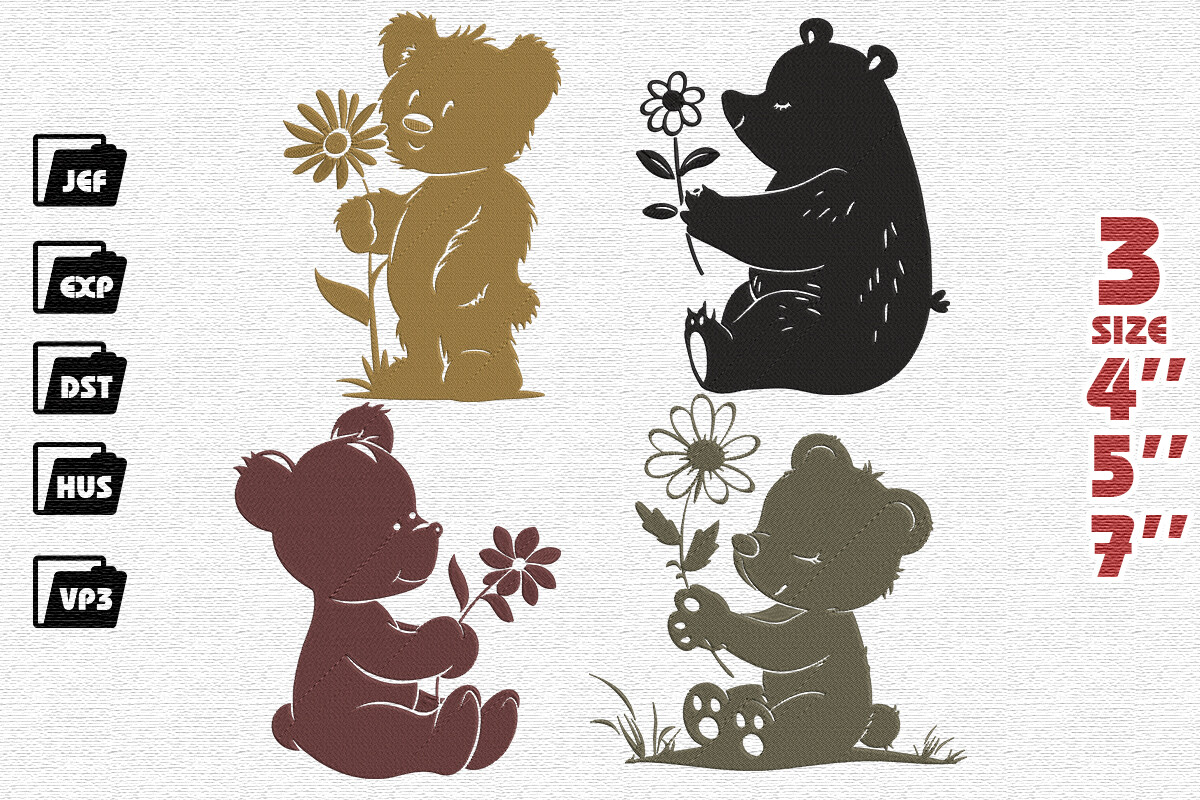 Set of 4 Cute Teddy Bears Holding Flower