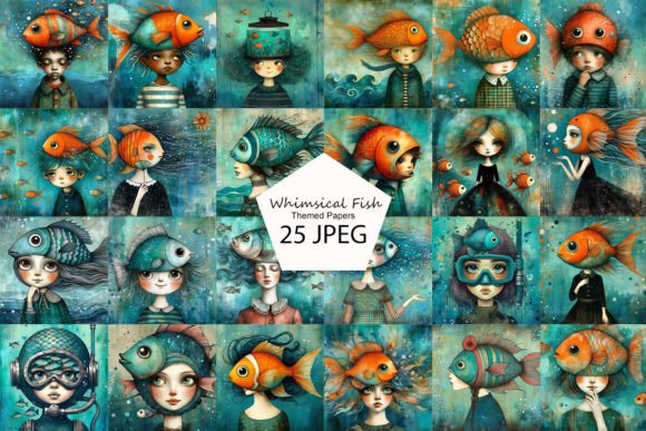 Surreal and Whimsical Fish Themed Papers Illustration Illustrations Imprimables Par Dreamy Art