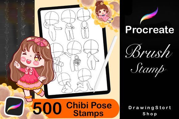 500 Base Chibi Procreate Body Pose Stamp Graphic Brushes By DrawingStoryShop