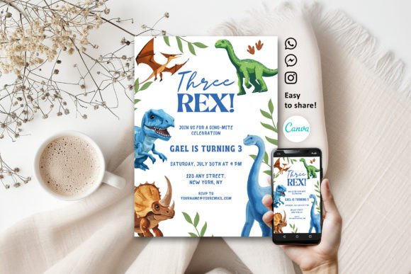 Dinosaur Three Rex Birthday Invitation
