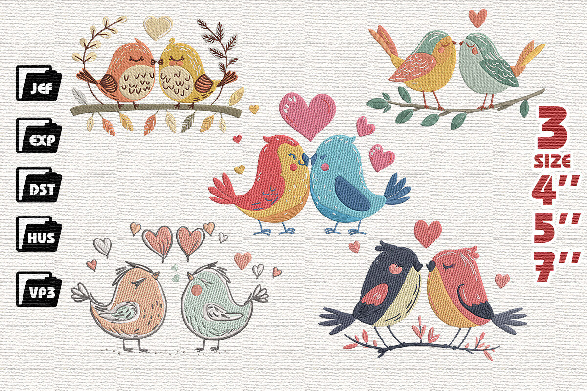 Set of 5 Couple Love Birds Embroidery