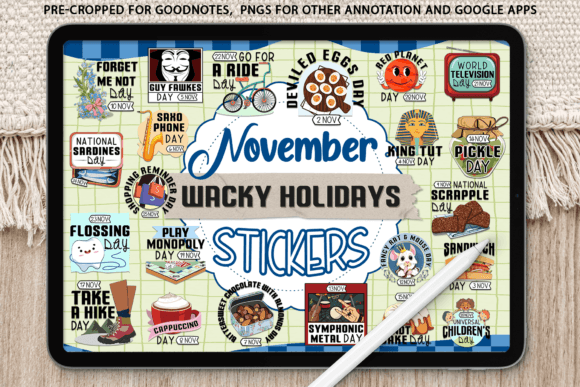 November Wacky Holidays, 30 PNG Stickers Afbeelding Afdrukbare Illustraties Door digitalplannerland