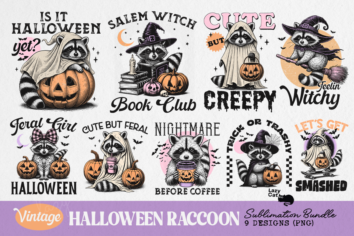 Vintage Halloween Raccoon PNG Bundle Graphic by Lazy Cat · Creative Fabrica