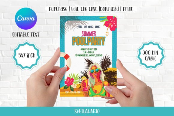 Summer Pool Party Invite Canva Editable
