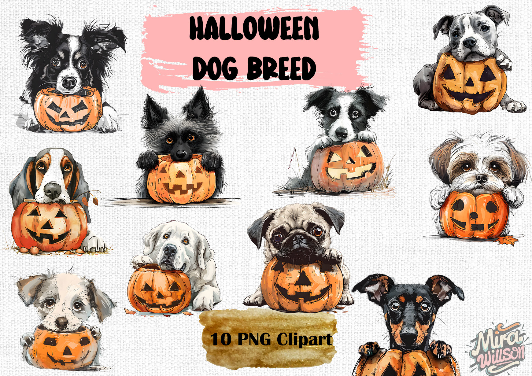Spooky Dog Breed with Pumpkin Clipart Graphic by Mirawillson · Creative ...