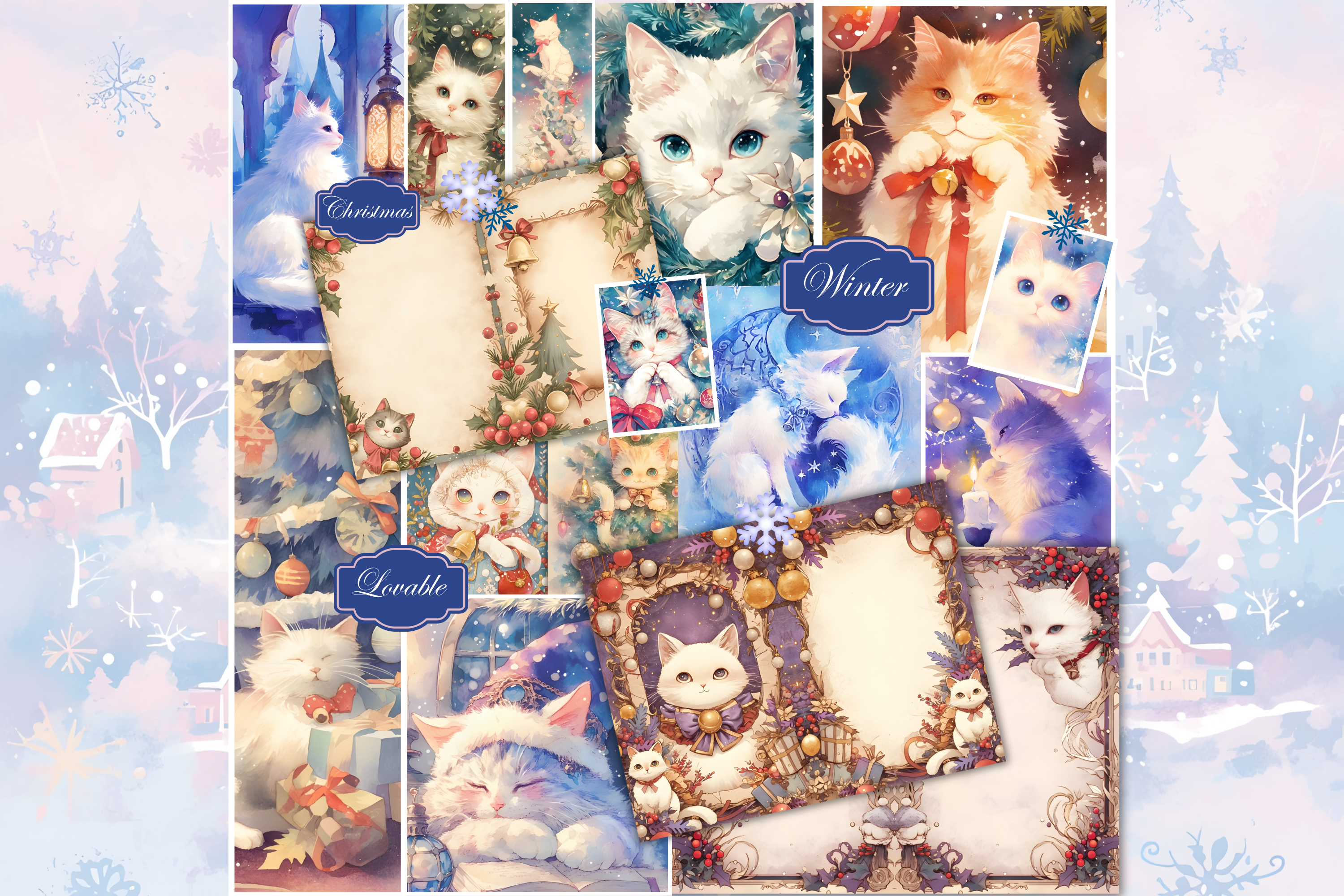 Mega Christmas Cats junk journal kit preview with pastel cat papers, ATC cards and ephemera