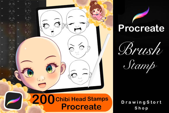 200 Procreate Chibi Head Stamps Brushes Graphic by DrawingStoryShop ...