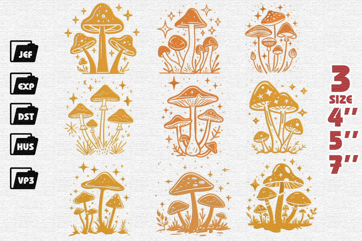 Set of 9 Mushrooms and Stars Embroidery