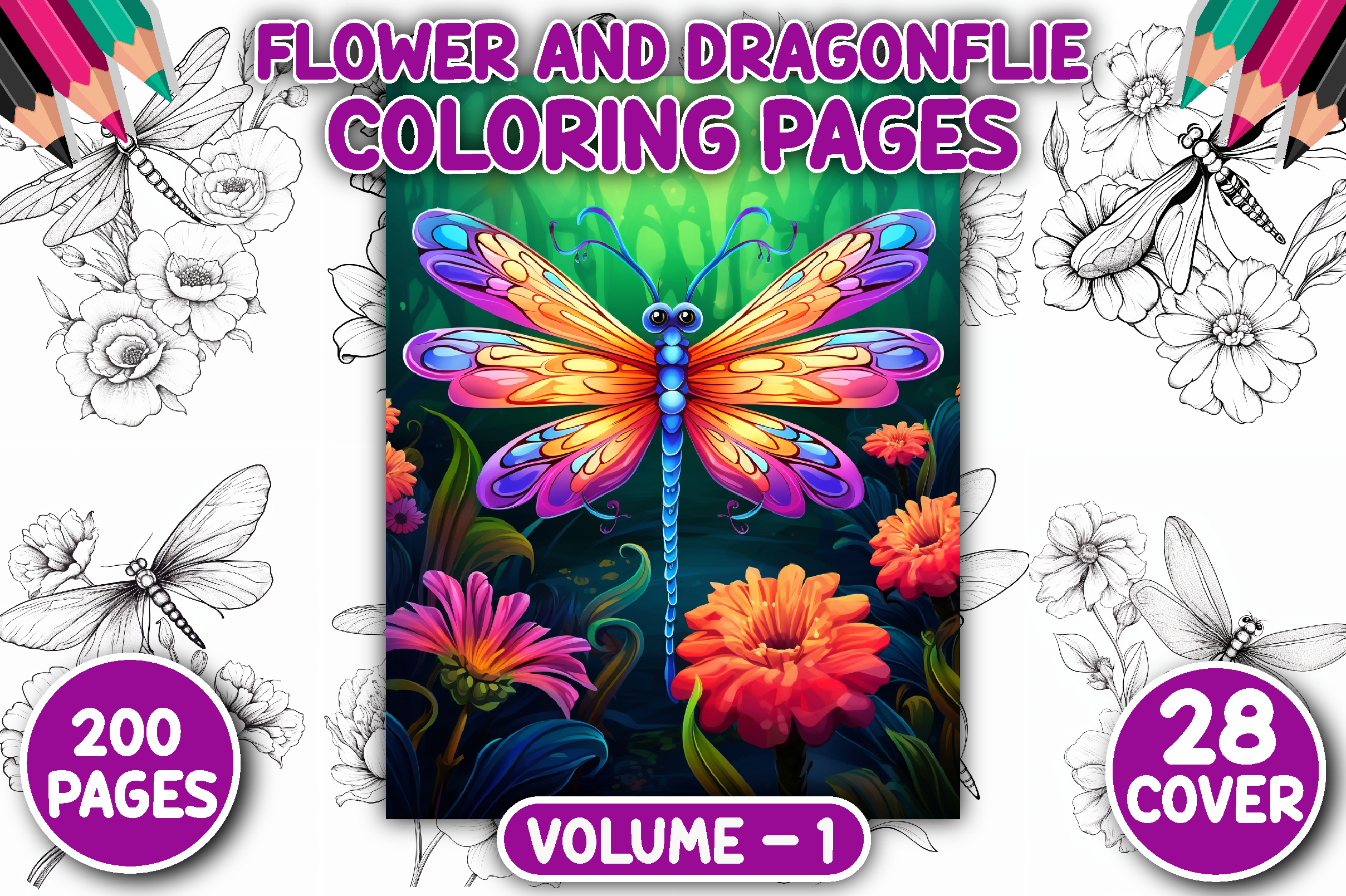 200 Flower and Dragonfly Coloring Pages