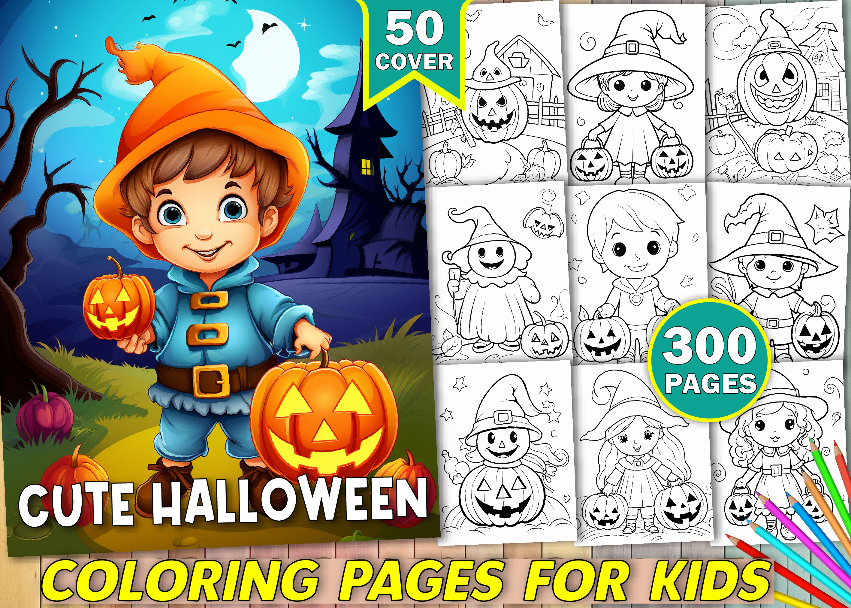 Cute Halloween coloring book page with friendly pumpkin and ghost characters for kids