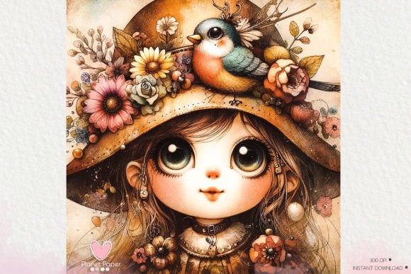 Little Girl with Flowers and a Bird Graphic by collectionspaper ...