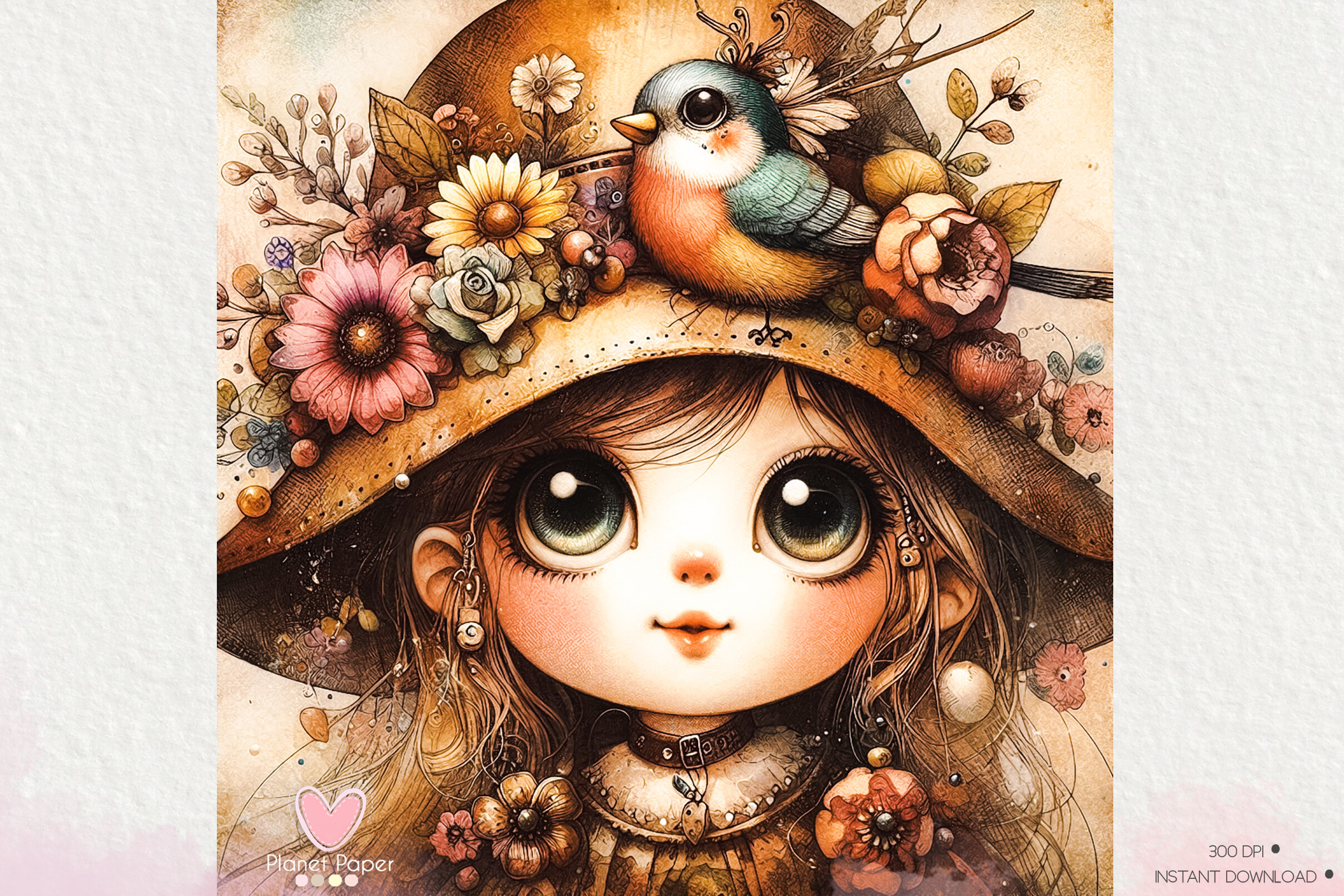 Little Girl with Flowers and a Bird Graphic by collectionspaper ...