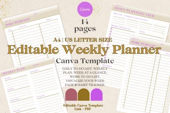 Editable weekly Canva planner with to-do lists habit tracker and weekly overview
