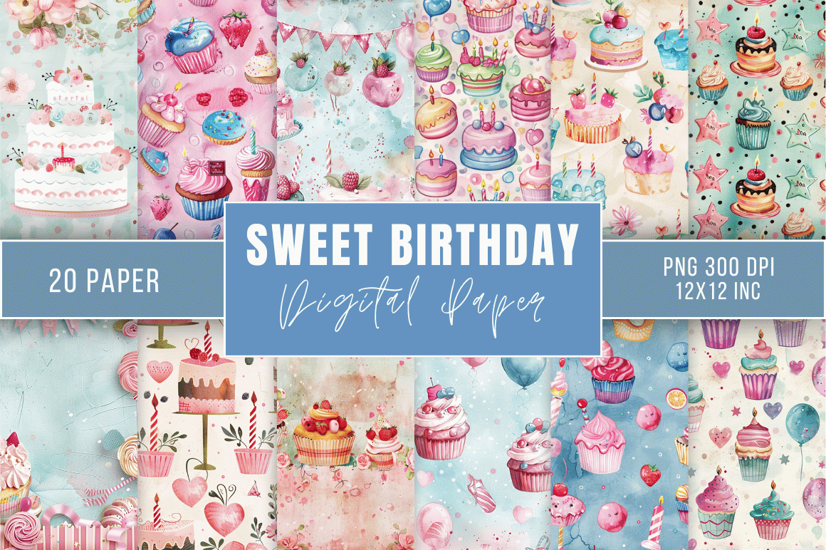 Sweet Birthday Cake Digital Paper Bundle
