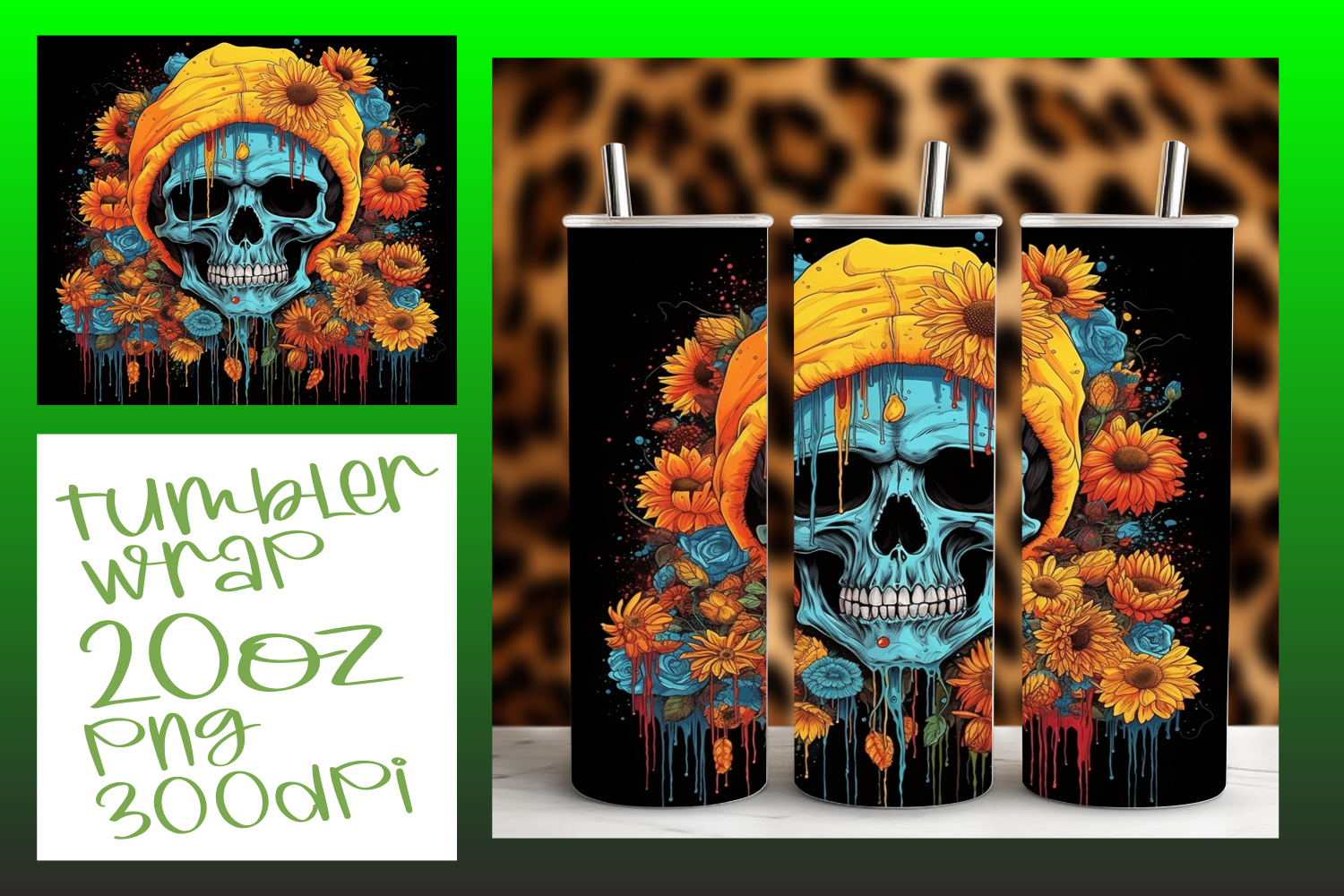 Tumbler Wrap Skull & Flowers 20oz Graphic by digitaldarius · Creative ...
