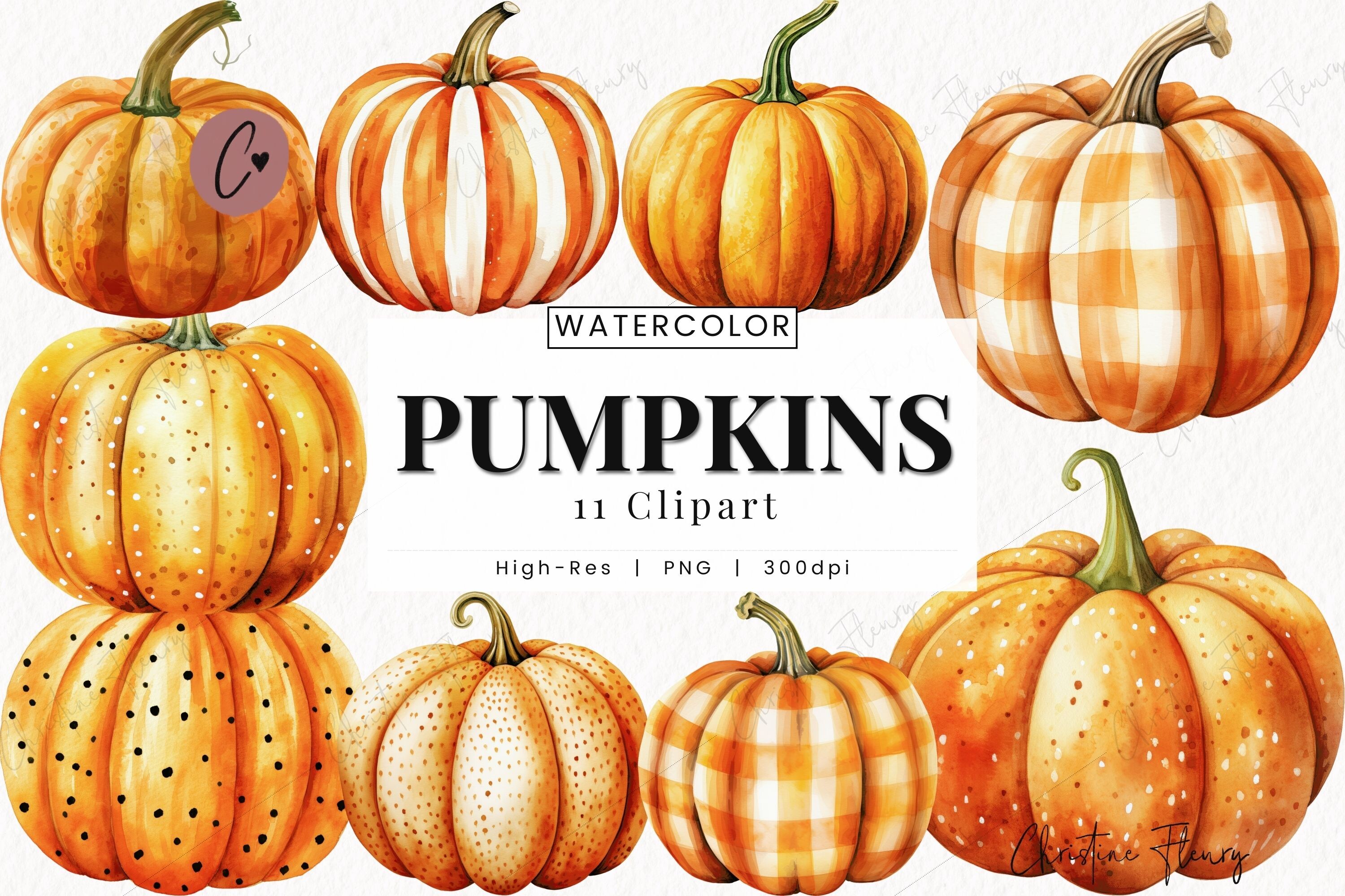 Watercolor Pumpkins Clipart, Fall PNG