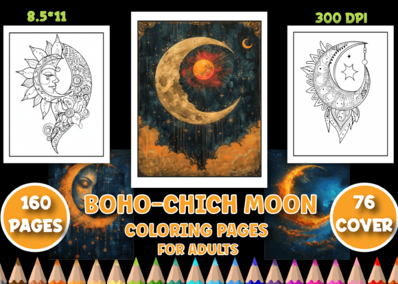 160 Boho-Chic Moon Coloring Page for KDP