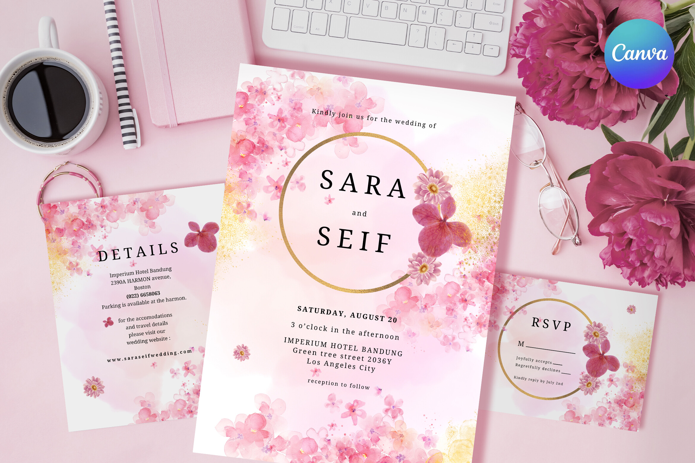 Pink Flowers Wedding Invitation Canva
