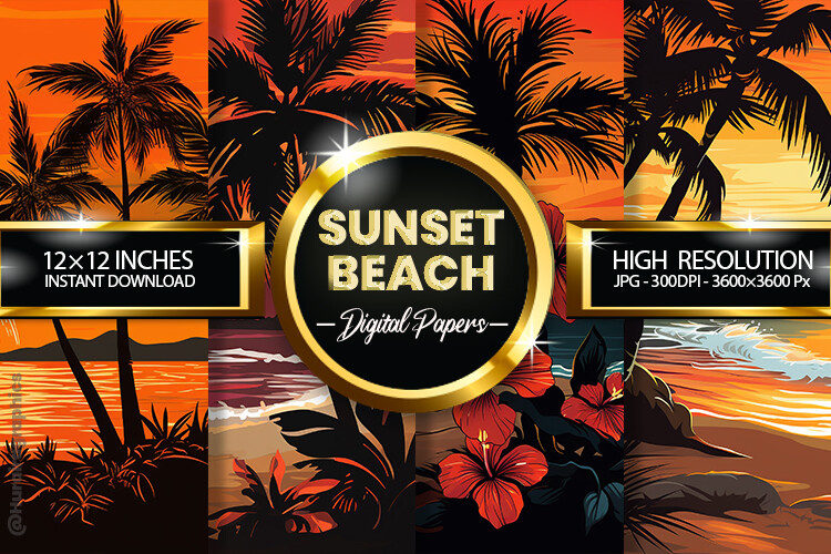 Sunset Beach Digital Papers Graphic by Hurairagraphics · Creative Fabrica