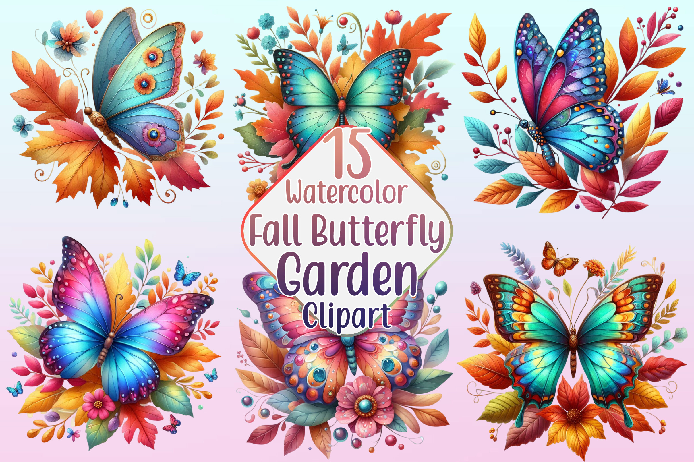 Watercolor Fall Butterfly Garden Clipart Graphic by SinaCreation ...