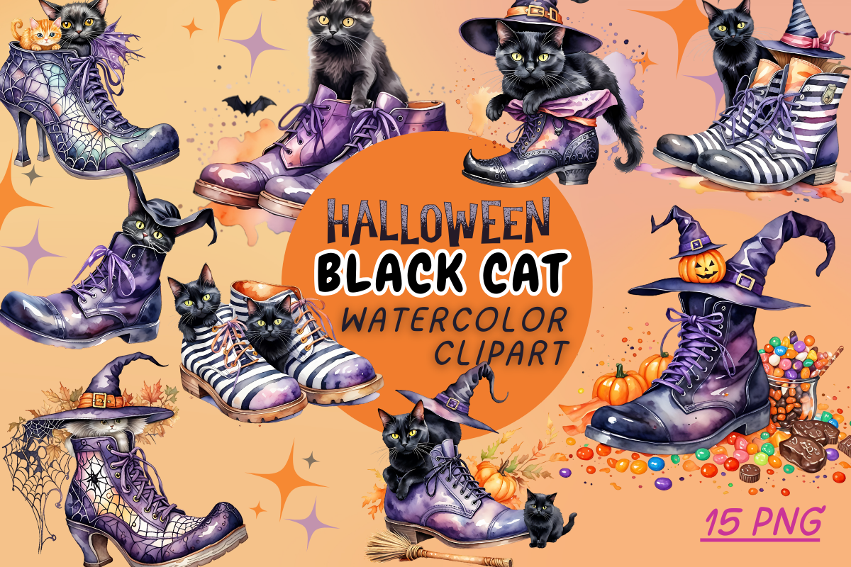 Halloween Black Cat Watercolor Clipart Graphic by CraftedTimber ...