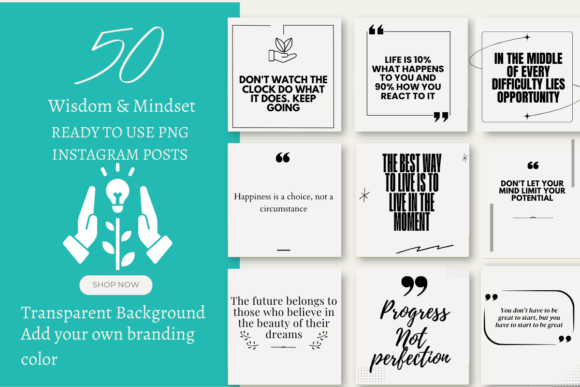 Preview of 50 Wisdom & Mindset Quotes for Instagram social media template